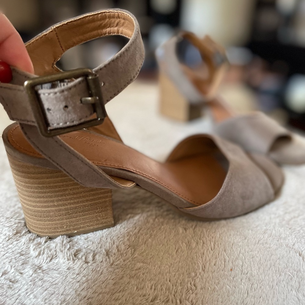 Taupe suede kitten heels